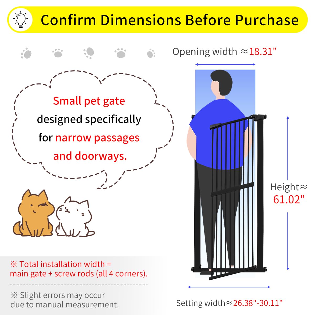 Lumizone 61.02" Extra Tall Pet Gate for Cat Dog 26.38"-30.11" Wide Black