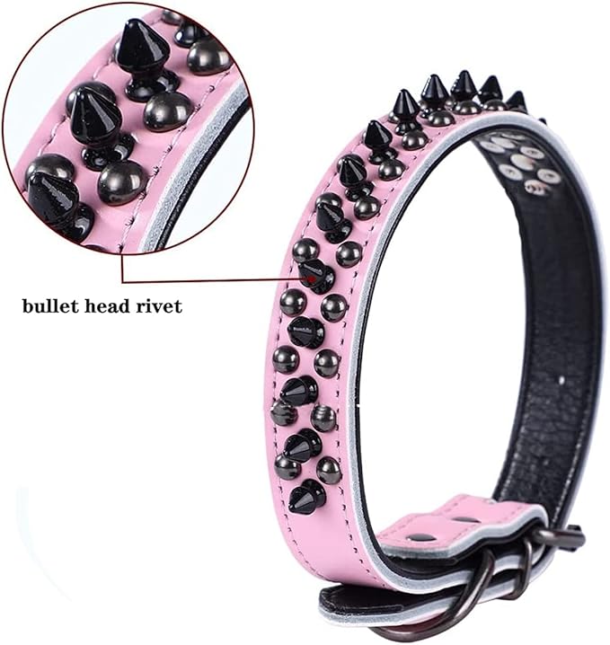 Spiked Studded Dog Collar, Genuine Leather Dog Collar, Adjustable Pet Collars for Medium Large Bulldog Pitbull Mastiff Poodle Boxer (M:29-38cm, Black-1)