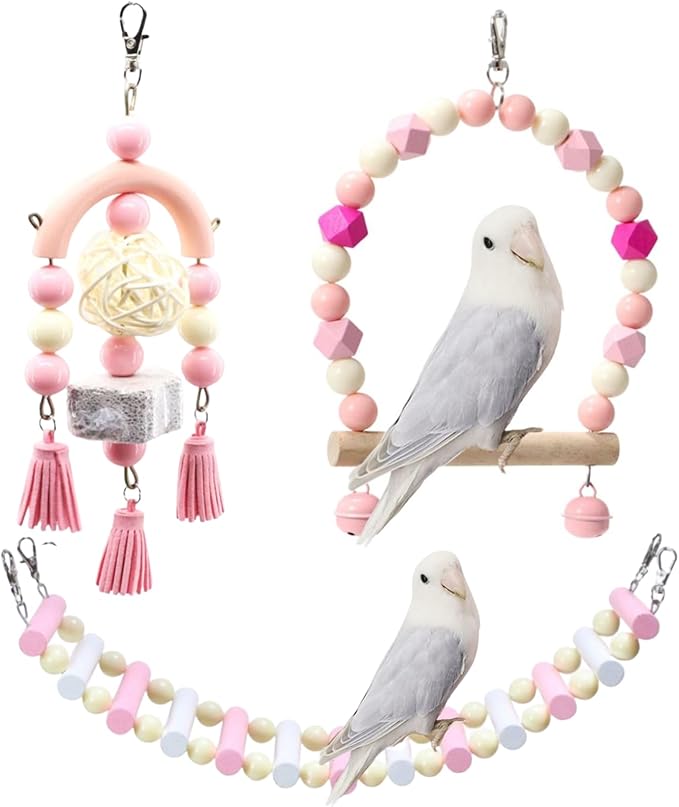 3PCS Bird Toys Bird Foraging Toys Chewing Hanging Birdcage Swing Cage Accessories Parrot Climbing Ladder for Conure Parakeet Cockatiel Budgies Lovebird Parrotlet (Purple)