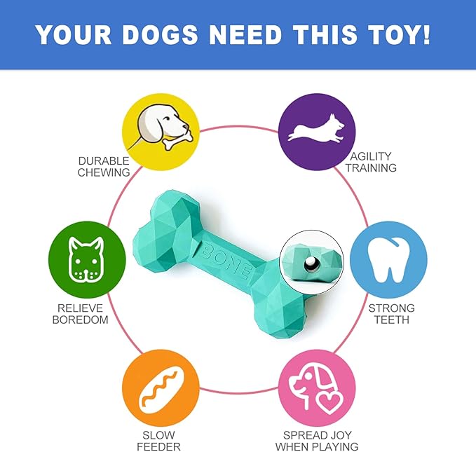 NOOVIA Durable Dog Chew Toy Rubber Bone 100% Natural Bite-Resistant Interactive Pet Toys for Dogs, Diamond Texture Modern Geometric Design (Lake Green, Medium)