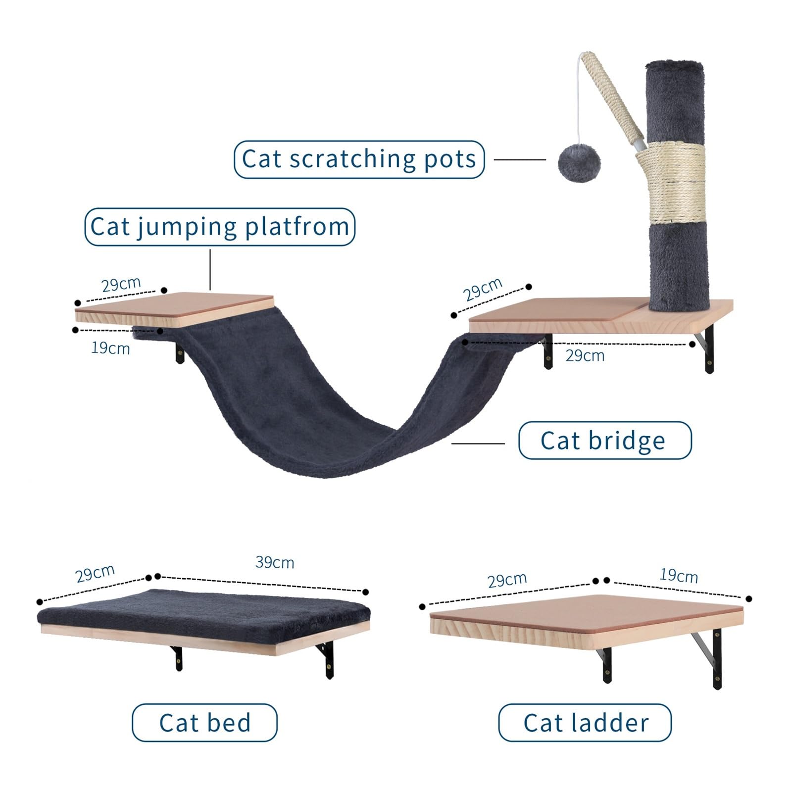 Cat Wall Shelves, Solid Wood Cat Wall Furniture Set, with Cats Bed, Hammock, Felt Ladder, Sisal Scratching Post & Ball (Dark Color)