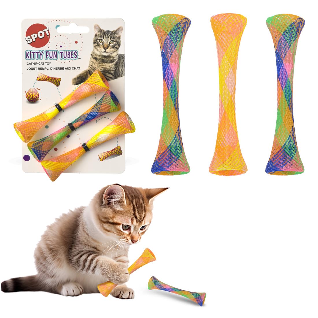 SPOT Kitty Fun Tubes Cat Toy with Catnip Inside | Bouncy Interactive Mesh Toy for Cats and Kittens to Bite, Swat and Chase | 3 Pieces