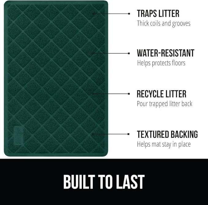 GORILLA GRIP Cat Litter Box Mat, Water Resistant, US Designed Kitty Litter Trapping Mats, Easy to Clean, Scatter Control, Less Mess and Clean Floors, Kitten Supplies for Indoor Cats 24x17 Hunter Green