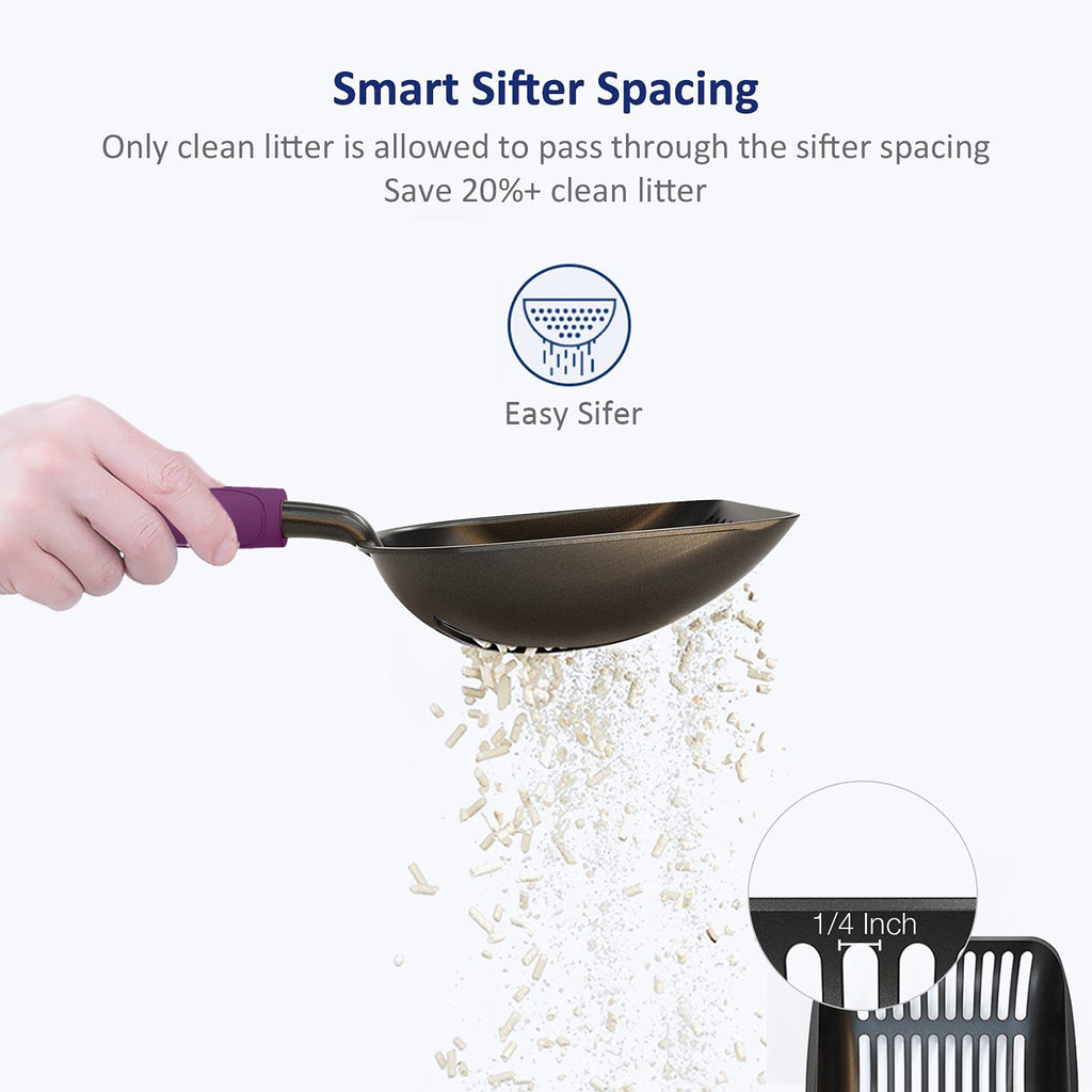 WePet Cat Litter Scoop, Non-Stick Plated Aluminum Alloy Sifter, Kitty Durable Metal Scooper, Deep Shovel, Long Handle, Kitten Pooper Lifter, Size Large, Coated Black Body with Violet Handle