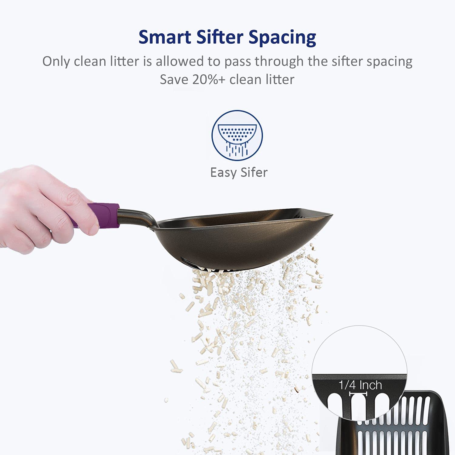 WePet Cat Litter Scoop, Non-Stick Plated Aluminum Alloy Sifter, Kitty Durable Metal Scooper, Deep Shovel, Long Handle, Kitten Pooper Lifter, Size Large, Coated Black Body with Violet Handle