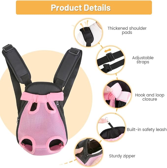 Inspack Dog Backpack Carrier/Cat Carrier, Adjustable Pet Front Carriers Travel Bag for Puppy Medium Dogs, Legs Out, Soft Ventilated Doggie Chest Carry Backpacks for Hiking/Camping, 7-11 lbs, Pink