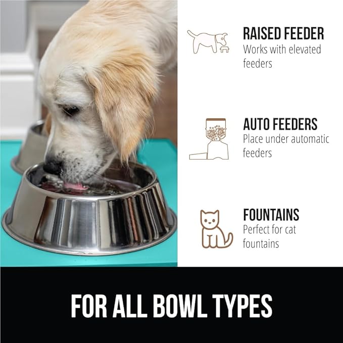 GORILLA GRIP 100% Waterproof Raised Edge BPA Free Silicone Pet Feeding Mat, Dog Cat Food Mats Contain Spills Protects Floors, Placemats for Cats and Dogs Water Bowl, Pets Accessories 28x18 Turquoise