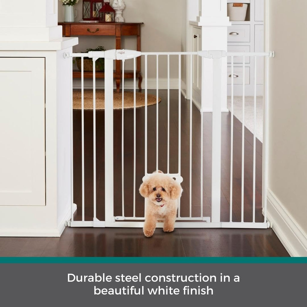 MYPET EasyPass Extra Tall & Wide Walk Thru Pet Gate: 29.75” - 52” Wide Dog Gate with Adjustable Pass-Thru Pet Door; Pressure Mounted, No Tools Needed, 41" Tall, White