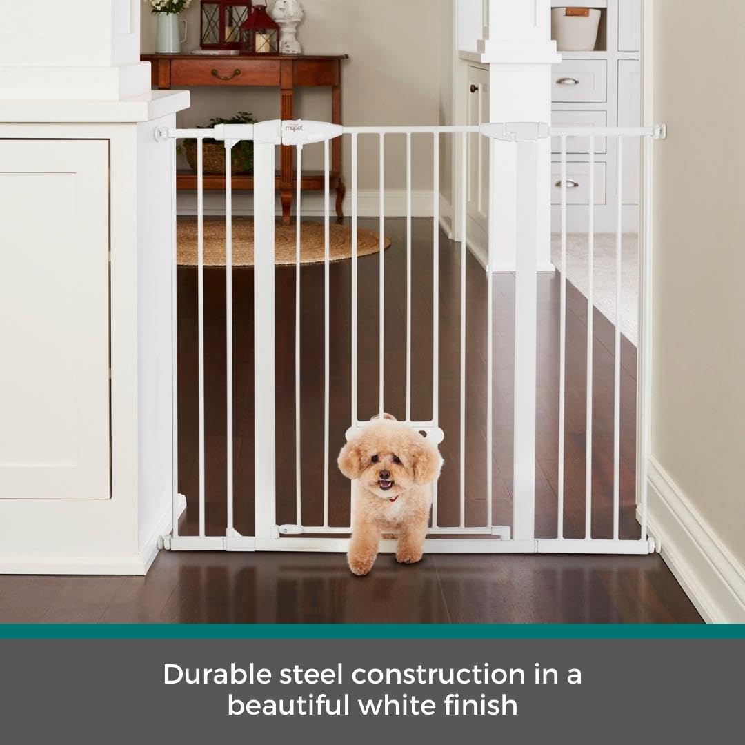MYPET EasyPass Extra Tall & Wide Walk Thru Pet Gate: 29.75” - 52” Wide Dog Gate with Adjustable Pass-Thru Pet Door; Pressure Mounted, No Tools Needed, 41" Tall, White