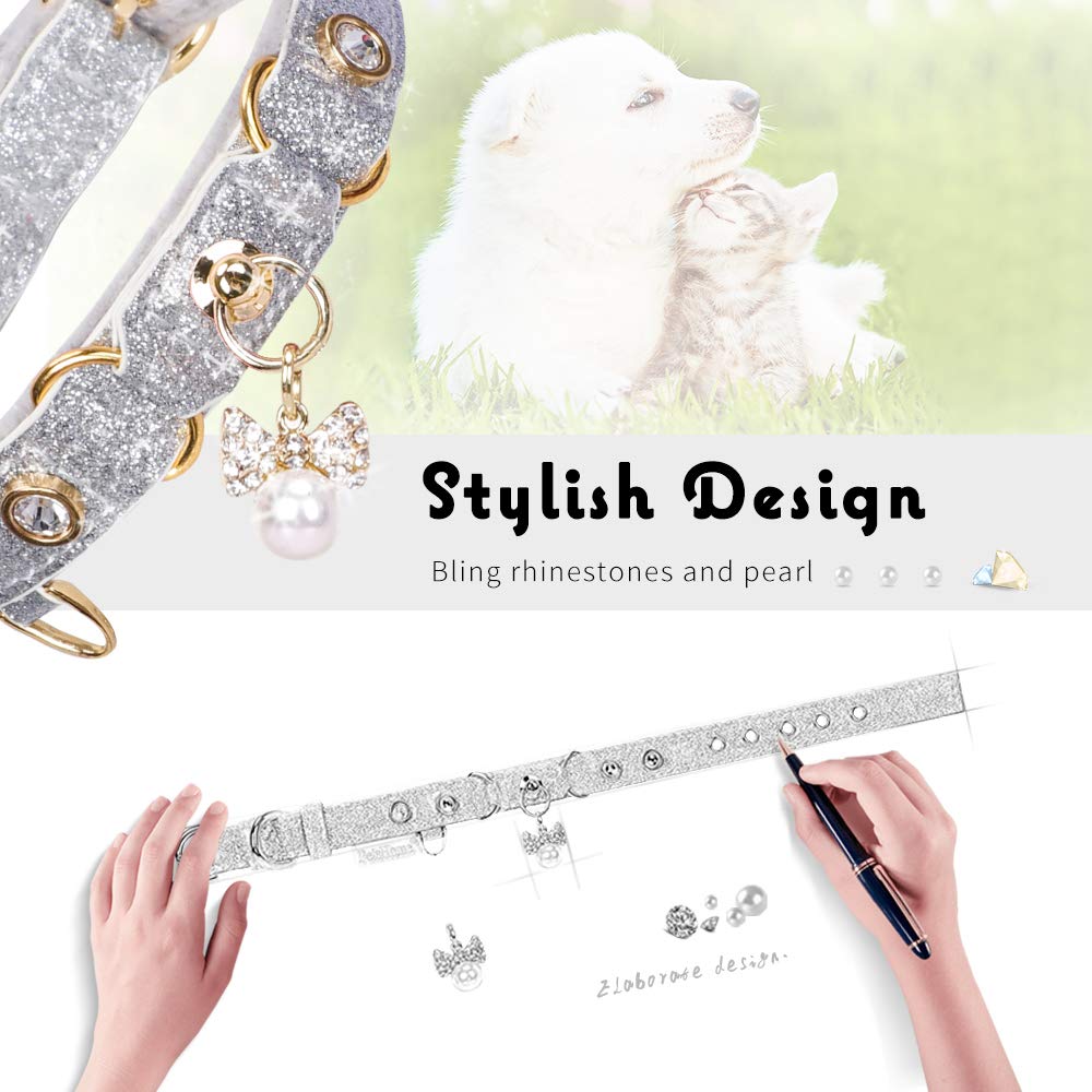 PetsHome Cat Collar, Dog Collar, [Bling Rhinestones] PU Leather Adjustable Pet Collar with Luxury Pendant for Big Cat and Small to Medium Dog Small Silvery