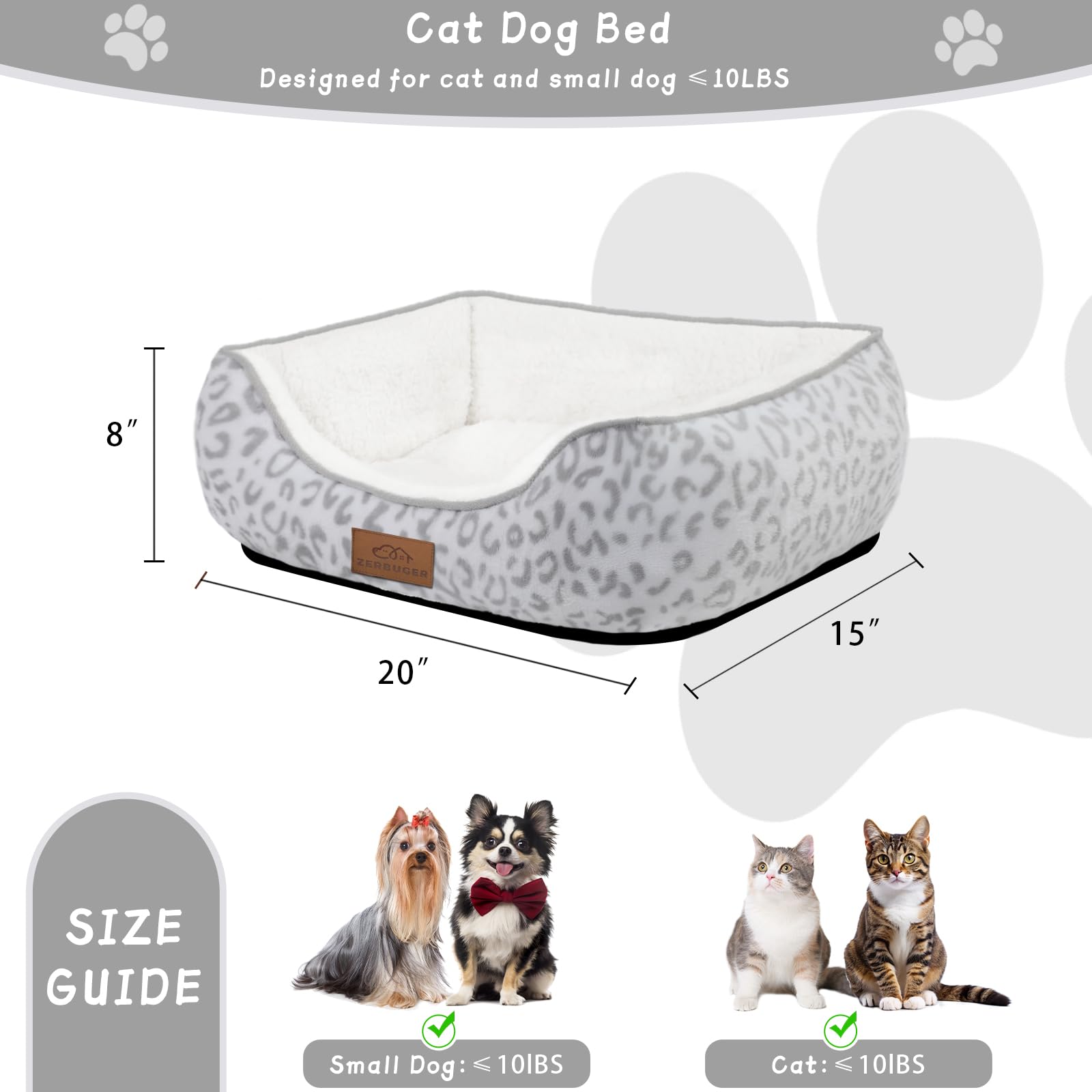 Zerbuger Rectangle Cat Dog Bed for Large Medium Small Pets Indoor Outdoor Machine Washable Sleeping Sofa Non-Slip Bottom Soft Puppy Bed Durable Orthopedic Calming Pet Cuddler (Small, White Leopard)