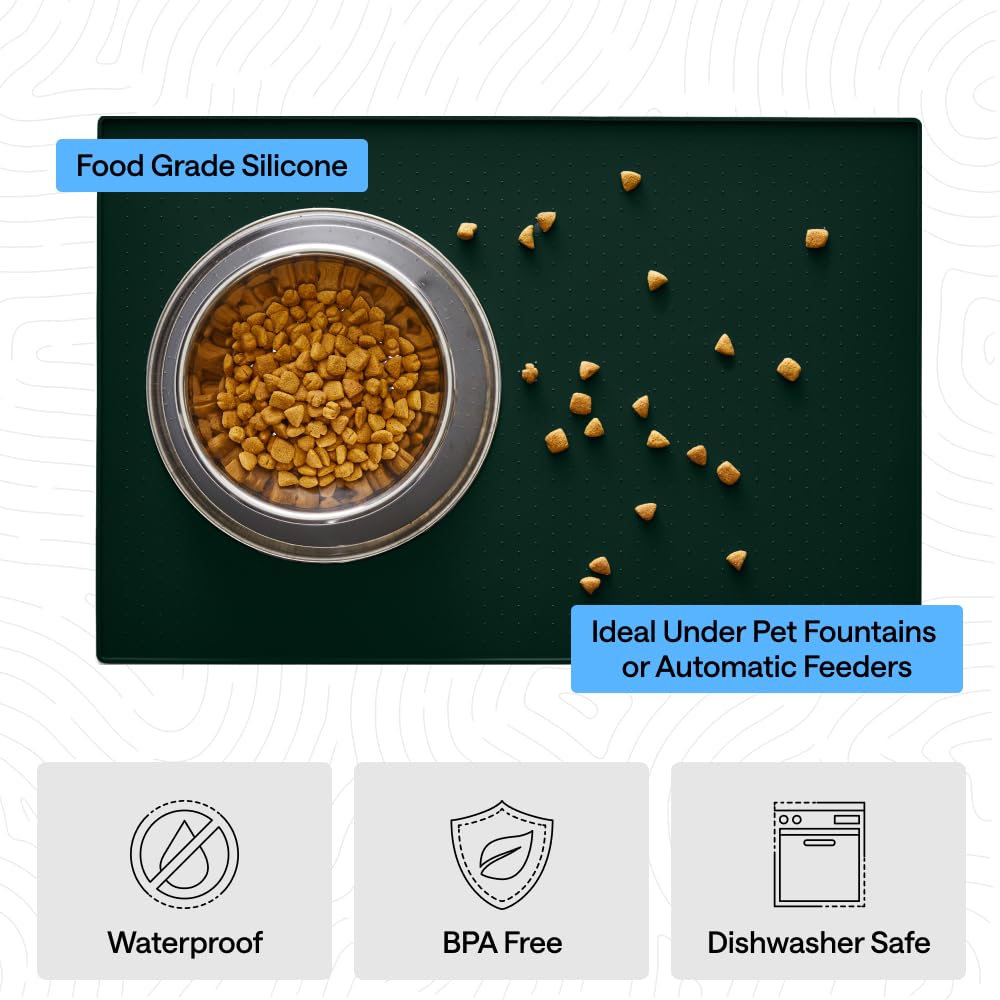 GORILLA GRIP 100% Waterproof Raised Edge BPA Free Silicone Pet Feeding Mat, Dog Cat Food Mats Contain Spills Protects Floors, Placemats for Cats and Dogs Water Bowl, Pets Accessories 23x15 Green