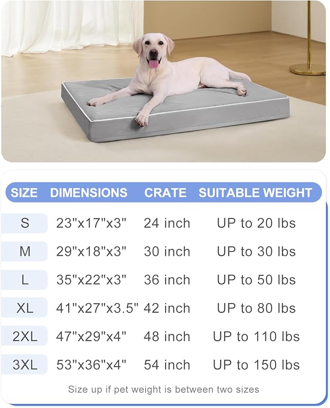 KSIIA Orthopedic Dog Bed Extra Large Dog Bed with Removable Machine Washable Cover Waterproof Crate Pad with Egg Crate Foam and Non-Slip Bottom, 53x36 Inch, Light Gray