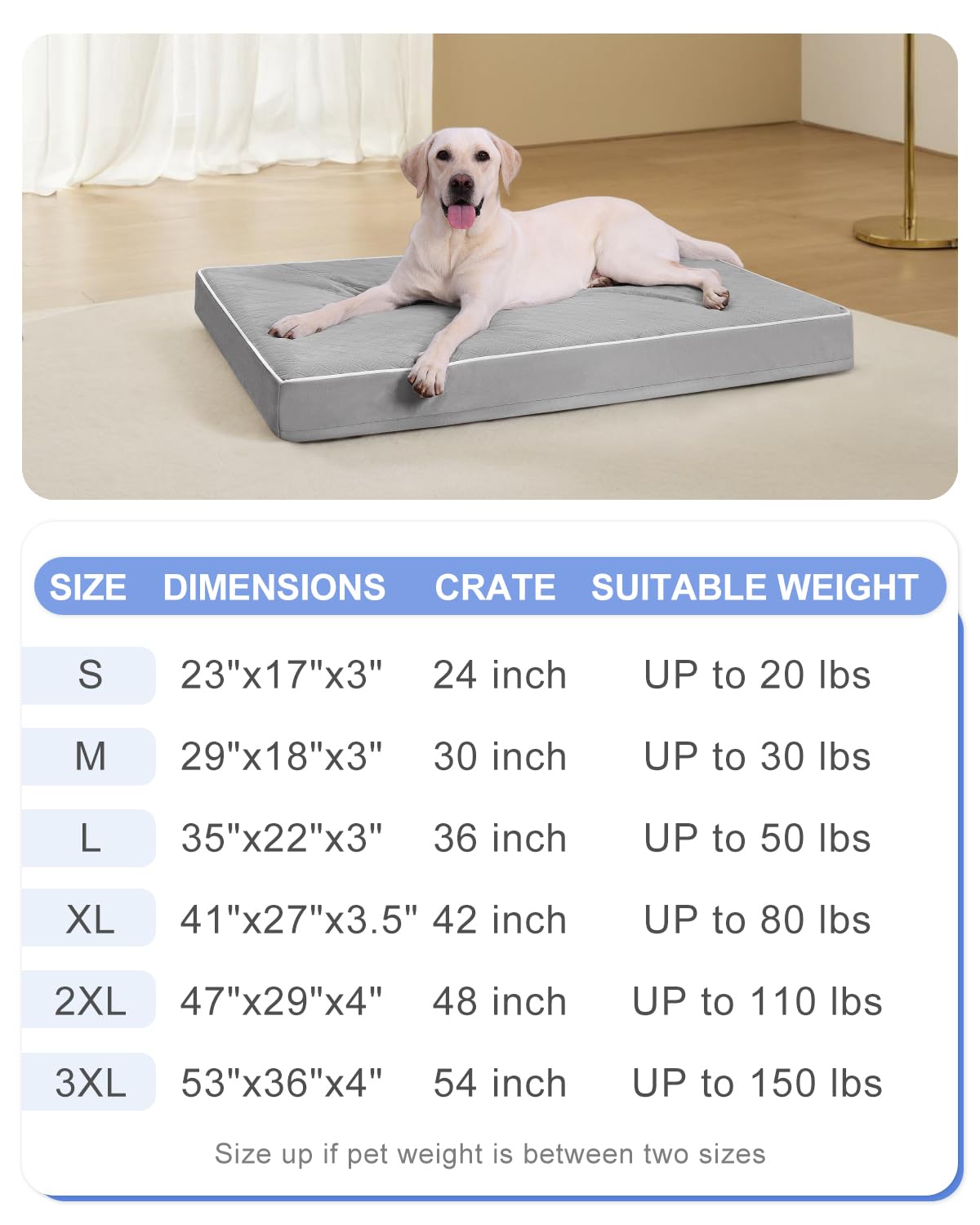 KSIIA Orthopedic Dog Bed Extra Large Dog Bed with Removable Machine Washable Cover Waterproof Crate Pad with Egg Crate Foam and Non-Slip Bottom, 53x36 Inch, Light Gray