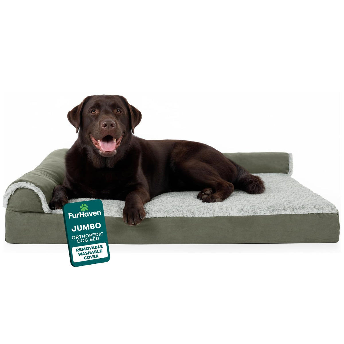 FurHaven Orthopedic Dog Bed for Large Dogs, L-Shaped Chaise Mattress with Orthopedic Egg Crate & Solid Orthopedic Foam Base for Joint Support, Washable Cover, Jumbo XL, Faux Fur & Suede, Dark Sage