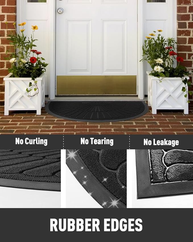 tchdio Door Mat Outdoor Indoor Entrance Doormat-Semicircular Durable Rubber Non Slip Front Door Mat for Outside Inside Entry Entryway Dirt Trapper WelcomeMat for Muddy Paws and Shoes-Black 17”x30”