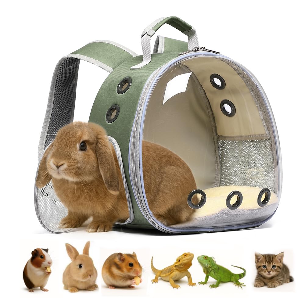 Bunny Carrier, Guinea Pig Carrier,Small Animal Carrier Backpack for Rabbit,Bearded Dragon, Lizard,Hamster,Kitten. Breathable Pet Travel Cage Bag (Army Green)