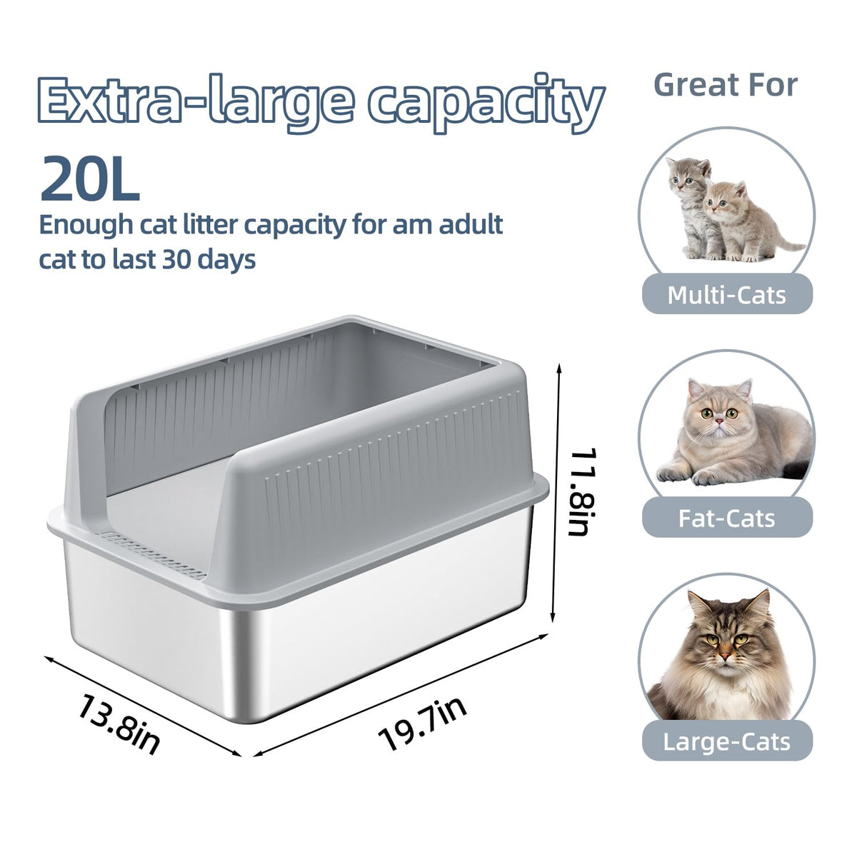 2PACK Stainless Steel Cat Litter Box with Lid,19.7” L x 13.8” W x 11.8”H Deep,Large Metal Litter Box with High Side,for Small and Large Cats,Anti-Leakage Non-Sticky Include Litter Scoop
