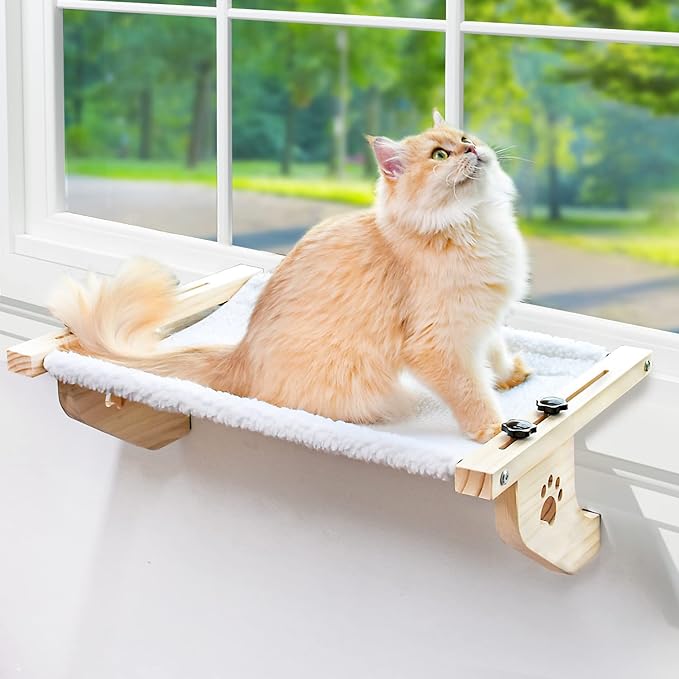 AMOSIJOY Cat Windowsill Perch with Wood & Metal Frame for Large Cat, 24.4in