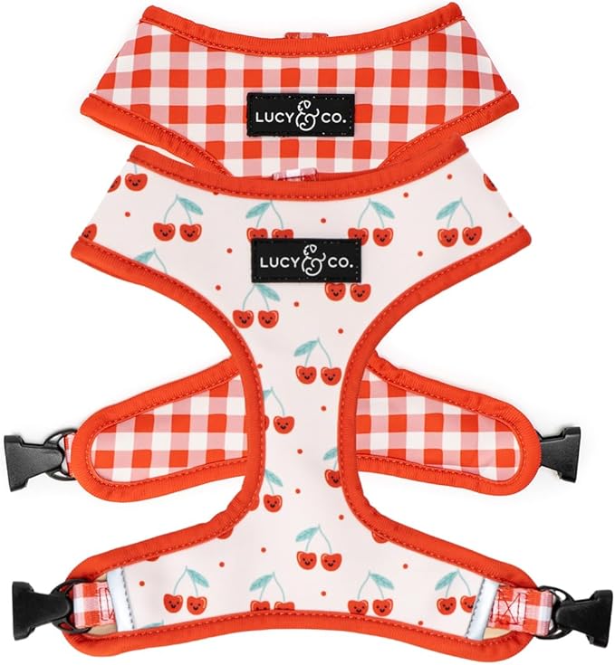 Lucy & Co. Reversible Dog Harness - Water-Repellent Neoprene, Dual-Print Design, Easy Swap Style, Adjustable Comfort Fit - Cheery Cherries Reversible Harness - X-Large