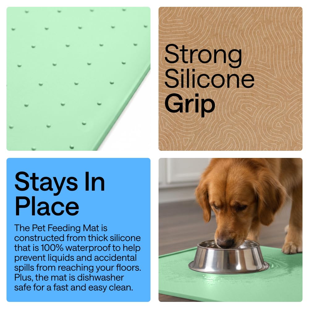 GORILLA GRIP 100% Waterproof Raised Edge BPA Free Silicone Pet Feeding Mat, Dog Cat Food Mats Contain Spills Protects Floors, Placemats for Cats and Dogs Water Bowl, Pets Accessories 32x24 Mint
