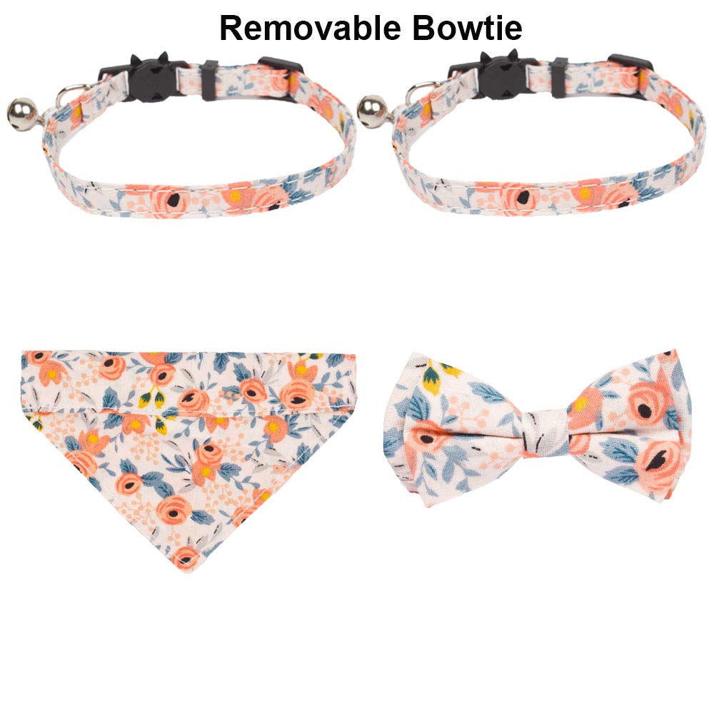 ADOGGYGO Floral Cat Bandana Collar, Pink Girl Cat Collar with Bowtie Bell