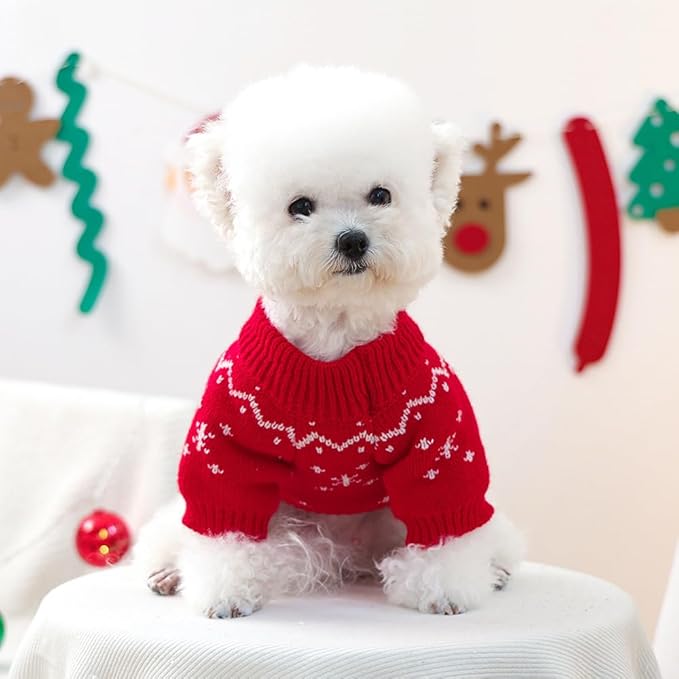 Christmas Dog Outfit Red Puppy Sweater for Small Dogs Girl Boy Elk Snowflake Cat Knitwear Reindeer Knitted Pet Clothes Santa Deer Costume for Chihuahua Yorkie Poodle (Red-2, Medium)