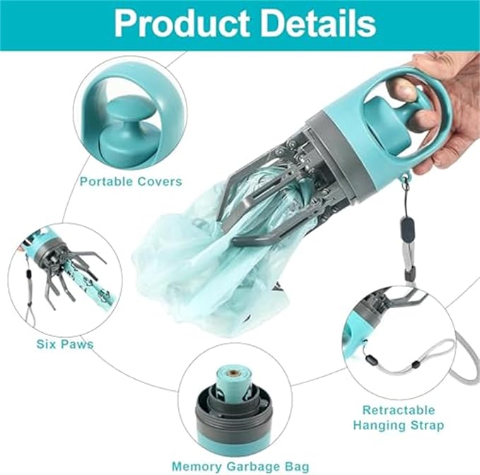 Quick Scoop Poop Scooper, Portable Dog Pooper Scooper, Easy Claw Pick up Tool for Dogs, Leak-Proof Waste Bag Holder for Outdoor Walks (Blue+Orange)