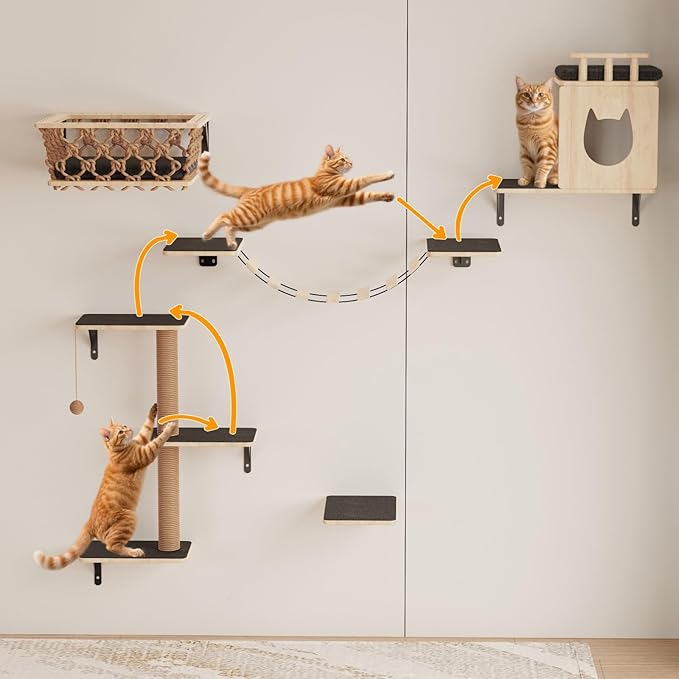 HHOFURN 5-in-1 Cat Wall Shelves Set with Hammock, Wall-Mounted Cat Furniture Includes Condo, Bridge, Ladder & Steps for Indoor Cats, Safe & Stable (Gray)