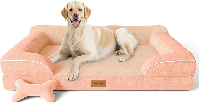 CWAWZ Extra Large Dog Bed, Orthopedic Dog Beds with Cooling Gel Memory Foam, Waterproof XL Pet Bed with Removable Washable Cover, 42" Pet Sofa Couch Dutch Velvet with Bone Toy