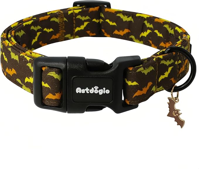 Astdogio Fall Dog Collar, Halloween Dog Collars for Small Dogs, Cotton Puppy Collar with Bat Pattern, Pet Collar for Small Medium Large Dogs, Girl Boy Dogs Collar with Quick Release Buckle-S
