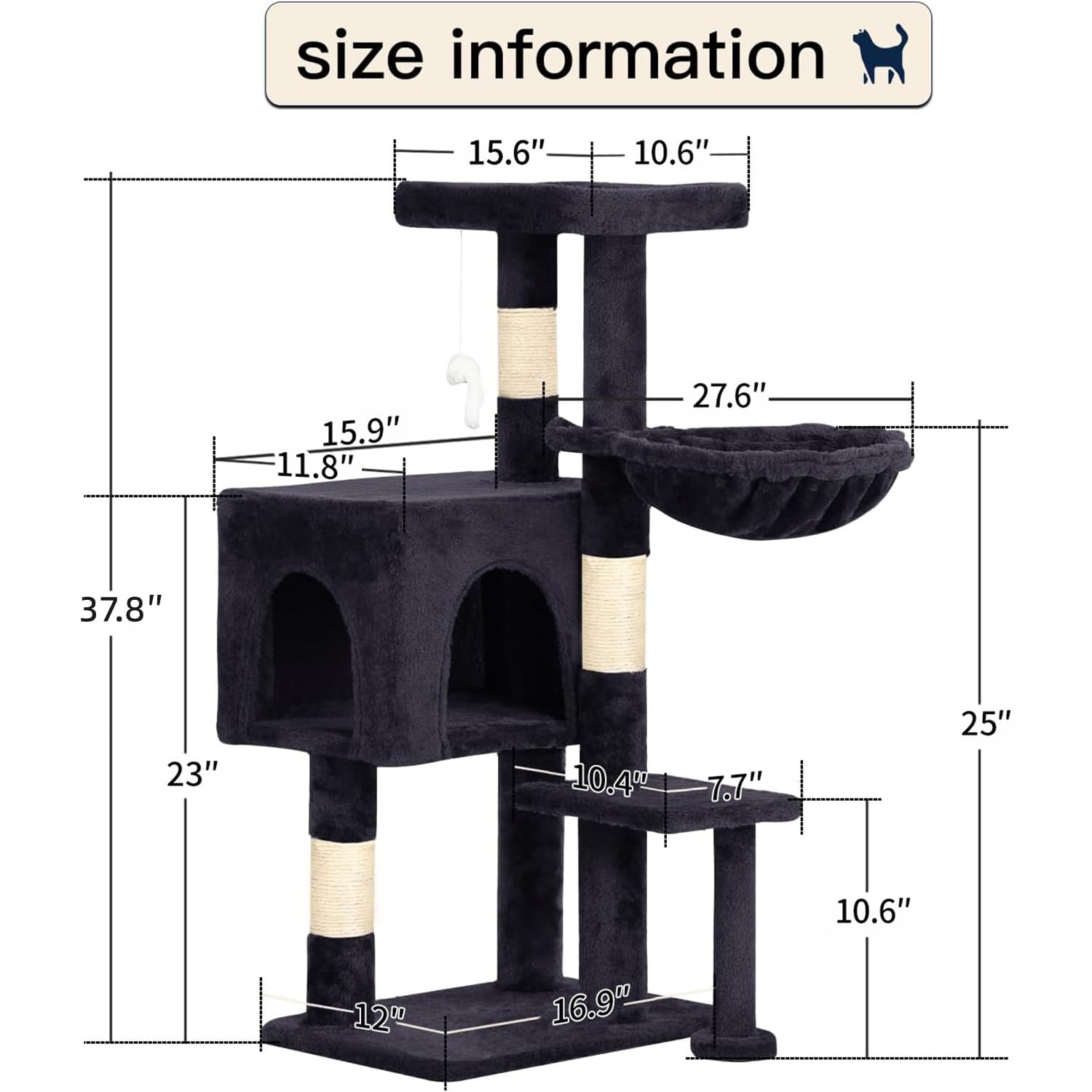 BestPet | 37" Cat Tree Tower | Dark Gray | Sturdy Multi-Level Cat Tree