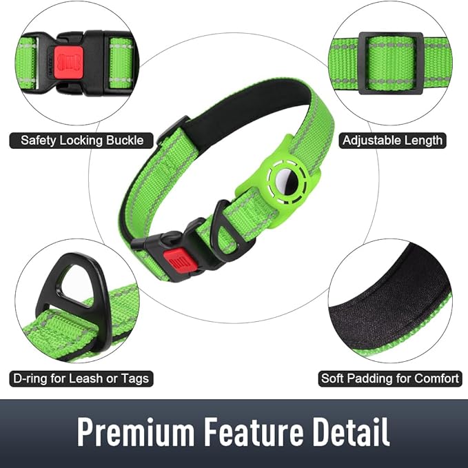 Airtag Dog Collar with AirTag Holder for Medium Dogs, Reflective, Soft Padded & Safety Locking Buckle, Nylon Pet Collars Adjustable for All Breeds, Green,M