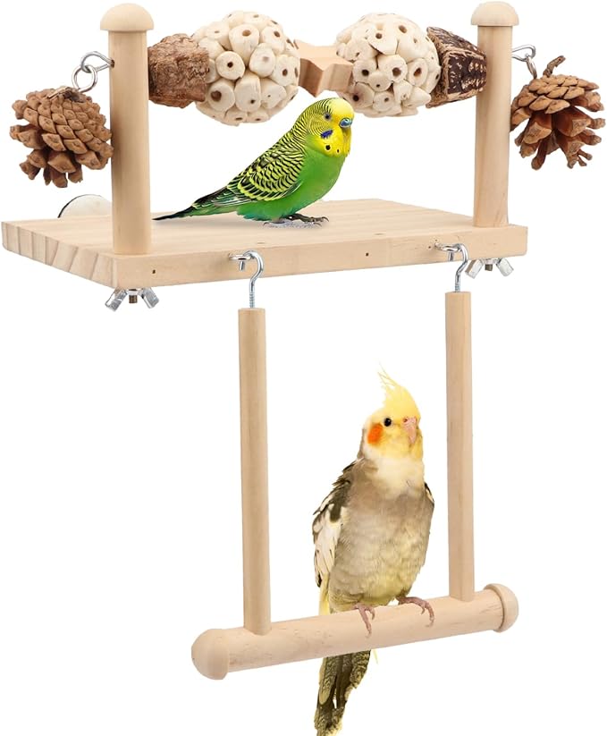 Litewoo Wooden Bird Swing Perch Platform with Chew Toys for Parrot