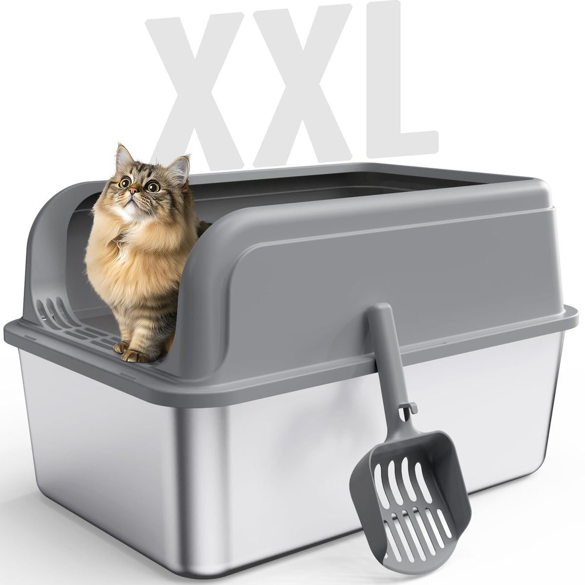 Powools Stainless Steel Cat Litter Box, High-Sided, Grey, XXL (1 Pack)