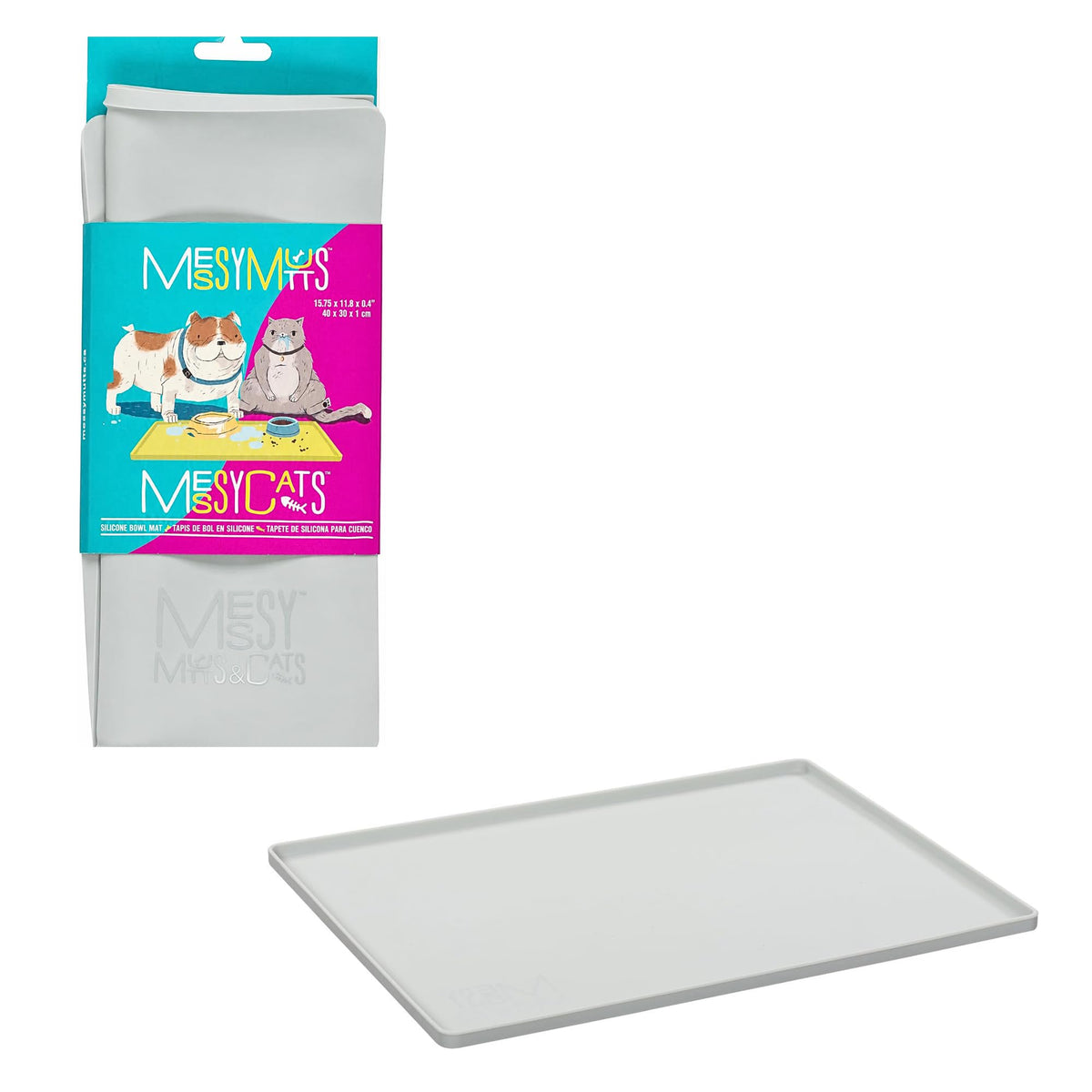 Messy Mutts and Cats Silicone Bowl Mat, Raised Edge, 16 x 12, Grey