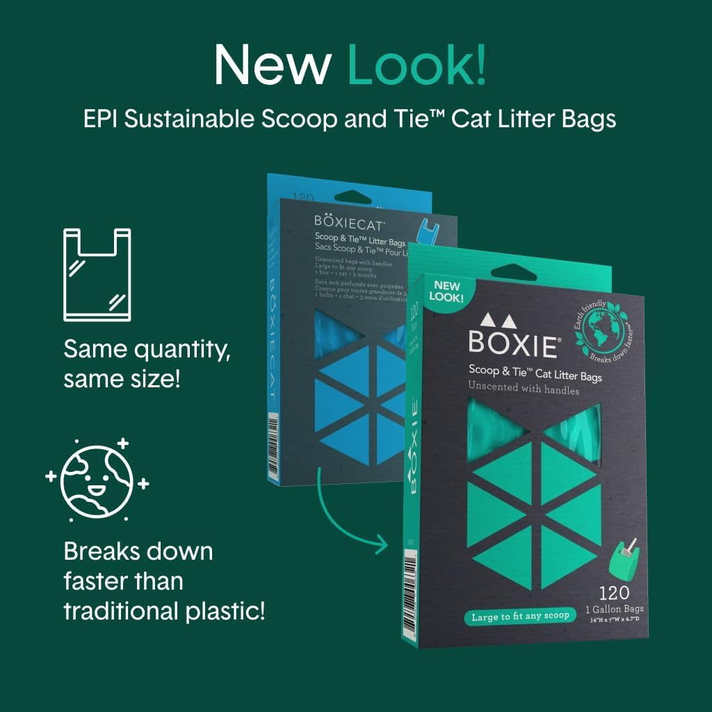 Boxie Sustainable Scoop & Tie Pet Waste Bags, 120 Count, Leak-Proof, Easy-to-Tie Handles, Eco-Friendly, Odor Control, EPI Technology, Durable for Cat Litter & Dog Waste