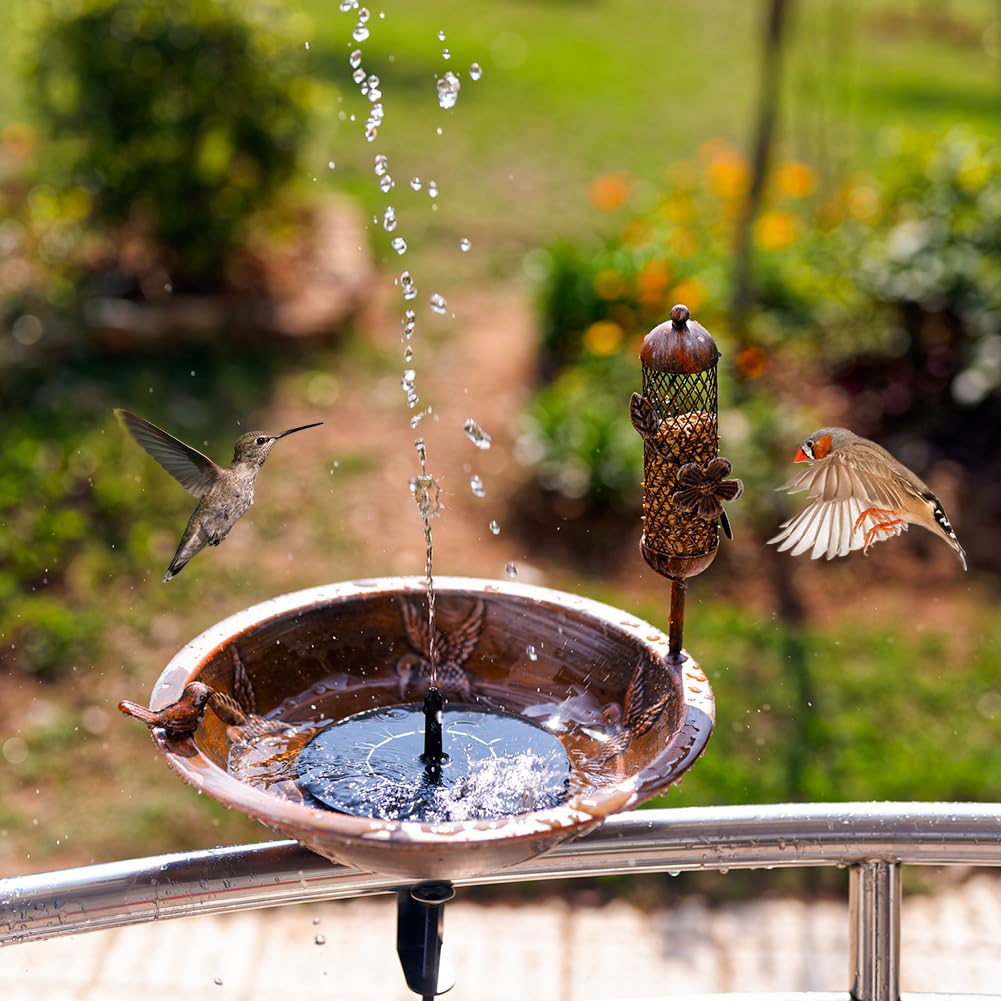 DREAMSOUL Deck Bird Bath with Feeder, 13" Bird Bath for Outside with Adjustable Sturdy Steel Clamp, Metal Birdbath Bowl for Railing Balcony Patio Decor