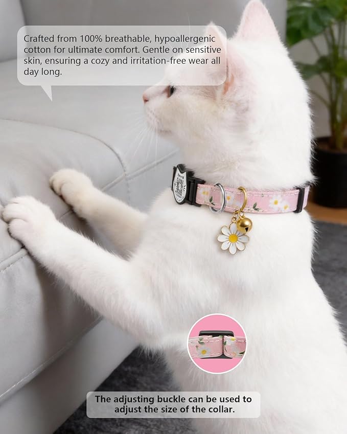 4 Pack-QR Code Cat Collar Breakaway Safe - Cotton Reflective Kitten Collar with Bell & Floral Pendant, Pink Purple Flowers Design, Customizable Online Pet ID for Lost Cats,Flower Pendan