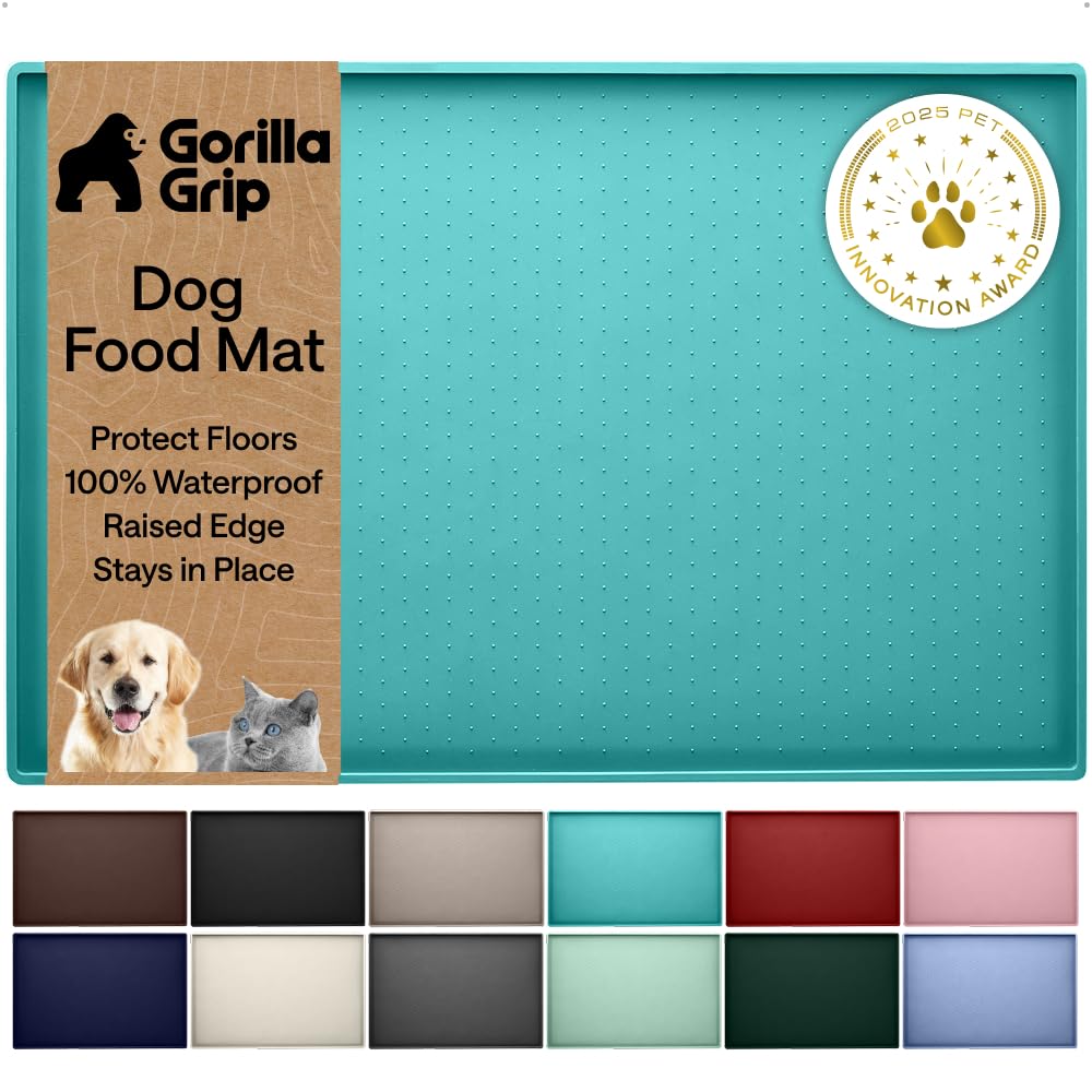GORILLA GRIP 100% Waterproof Raised Edge BPA Free Silicone Pet Feeding Mat, Dog Cat Food Mats Contain Spills Protects Floors Placemats for Cats and Dogs Water Bowl Pets Accessories 18.5x11.5 Turquoise