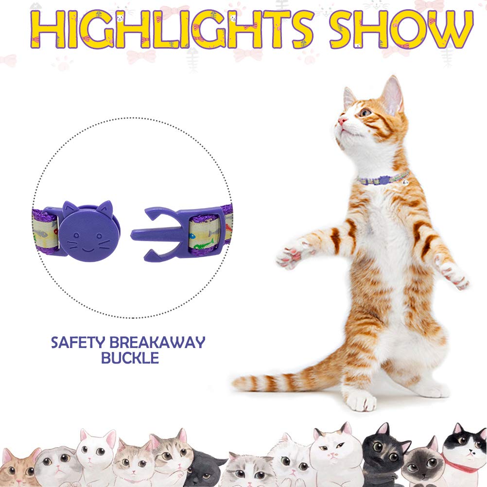 Cat Collars Breakaway with Bell - Glow in The Dark Collar 4 Pack - Fish & Cat Pattern 4 Colors for Kitty and Puppies, Adjustable from 7-11 Inch
