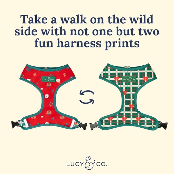 Lucy & Co. Reversible Dog Harness - Water-Repellent Neoprene, Dual-Print Design, Easy Swap Style, Adjustable Comfort Fit - Happy Howlidays Reversible Harness - Large