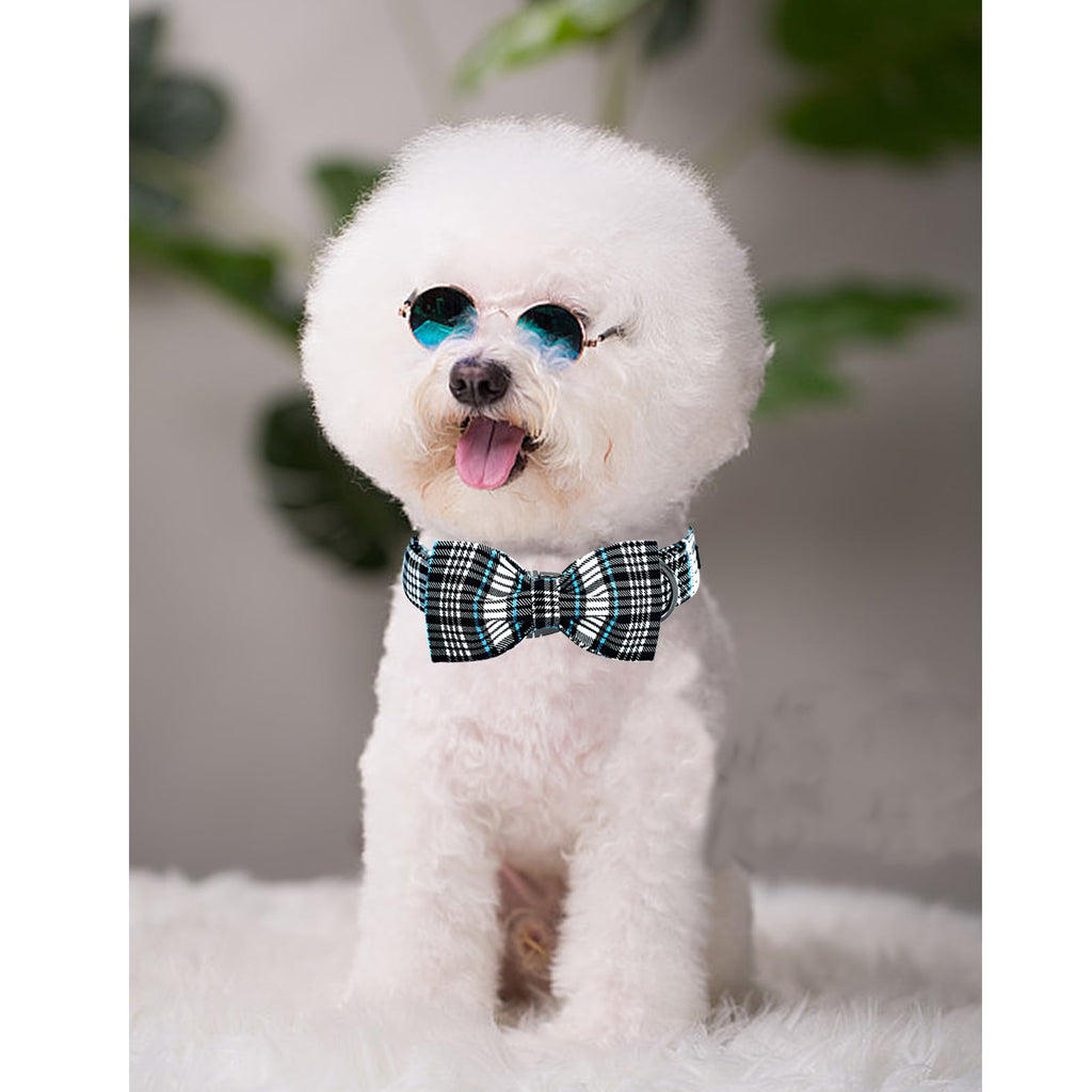 Lionheart glory Dog Bow Collar Blue and Black Plaid Dog Collar for X-Small Dogs,Boy Dog Collars with Bowtie Spring Summer Collars Soft Adjustable Pet Collar Bows