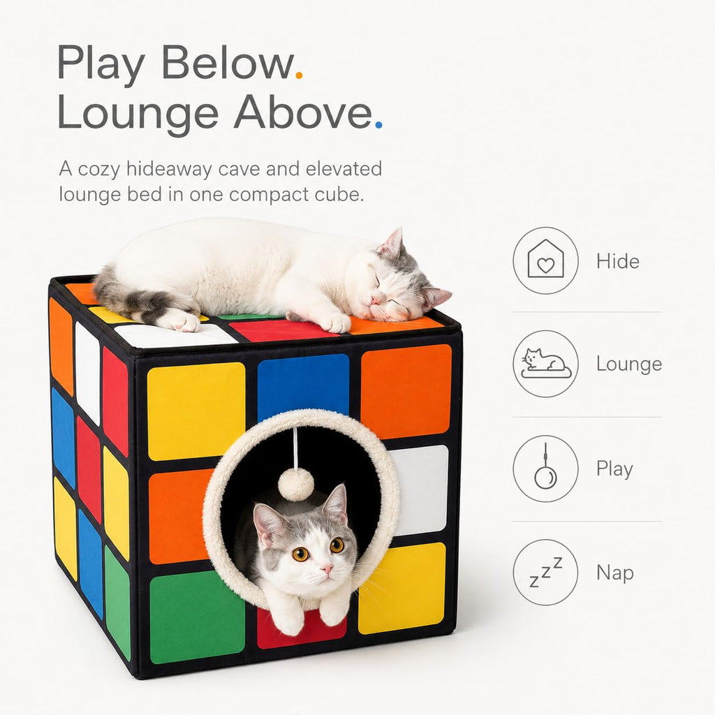 LUCKITTY Cat Condo House with Reversible Cushions and Fluffy Ball Hanging, Foldable Magic Cube, Large Cave Bed for Indoor Cats, Unique Puzzle Shape Lagre 16.5“ x 16.5" x 16.5”