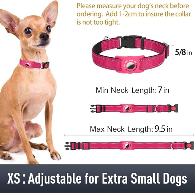 Erbine AirTag Dog Collar with AirTag Holder Compatible for Air Tag, Reflective Soft Padded, Safety Locking Buckle, Adjustable Nylon for Small Medium Large Dogs (Hotpink,XS)