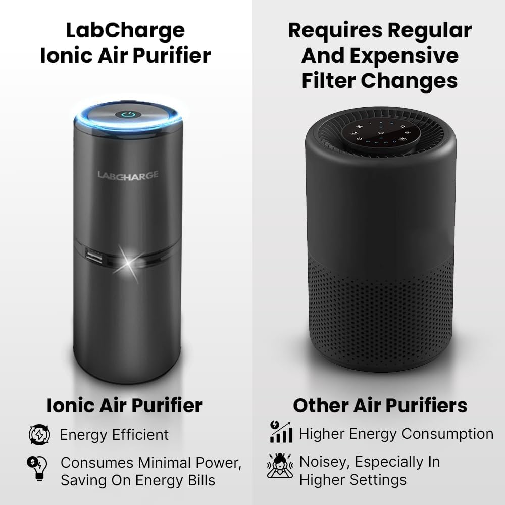 LabCharge Small Ionic Air Purifier for Home & Bedroom – Silent HEPA Filter – Covers 250 Sq Ft – For Pet Hair, Smoke, Dust, Odors & Dander – Compact Black Design – Pack of 5