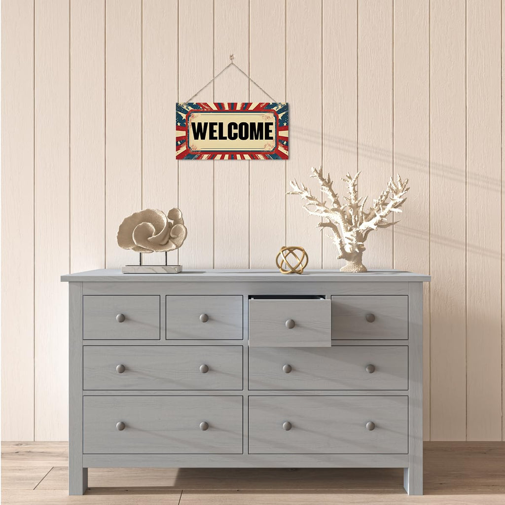 Welcome Sign for Front Door, Welcome Decor Wooden Hanging Sign for Wall Decor, Retro America Wall Hanging Signs, Funny Wooden Outdoor Front Door Decoration 13.8X6.9 inches