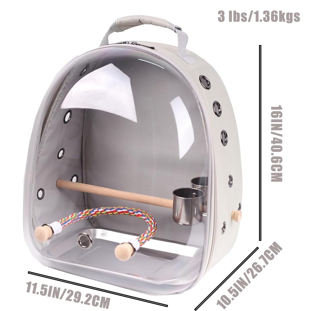 Bird Traval Carrier Cage, Multi Vent Holes Clear Space Capsule Astronaut Backpack to Carry Parakeet Cockatiel Parrot with Metal Tray Wood Perch, Vet Transport Book Bag