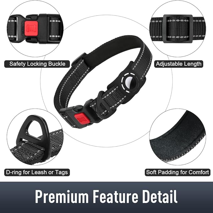 Erbine AirTag Dog Collar with AirTag Holder Compatible for Air Tag, Reflective Soft Padded, Safety Locking Buckle, Adjustable Nylon for Small Medium Large Dogs (Black,XS)