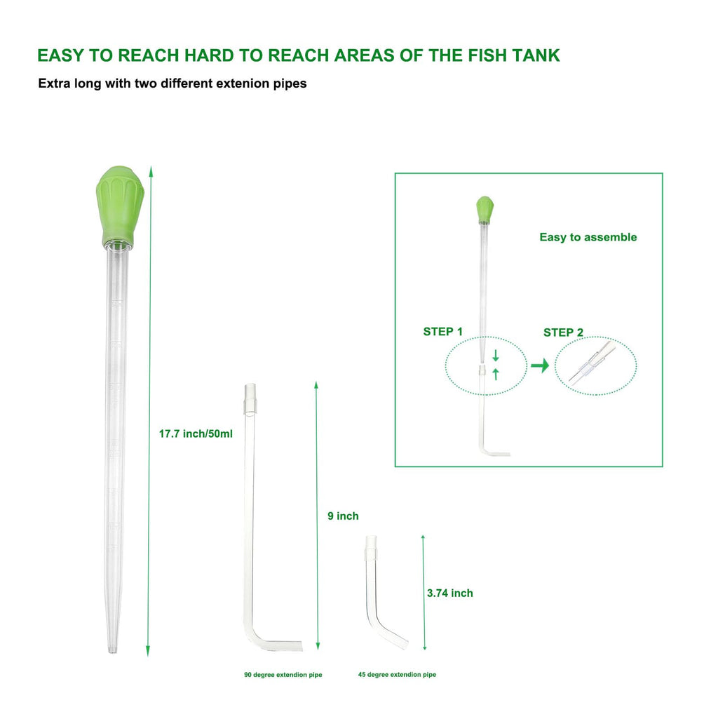 50ml Manual Coral Fish Feeder/Water Changer/Waste Remover with 2pcs Extension Pipes, Fecsam 17.7inch Aquarium Clean Tool for Fish Tank Cleaning, Aquatic Pipette Dropper, Gravel Cleaner Siphon